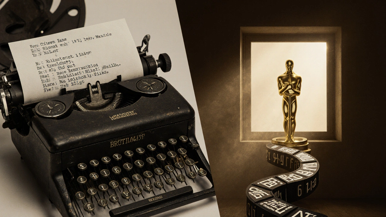 A symbolic path connecting vintage film reviews to modern cinema, leading to an Oscar statue.
