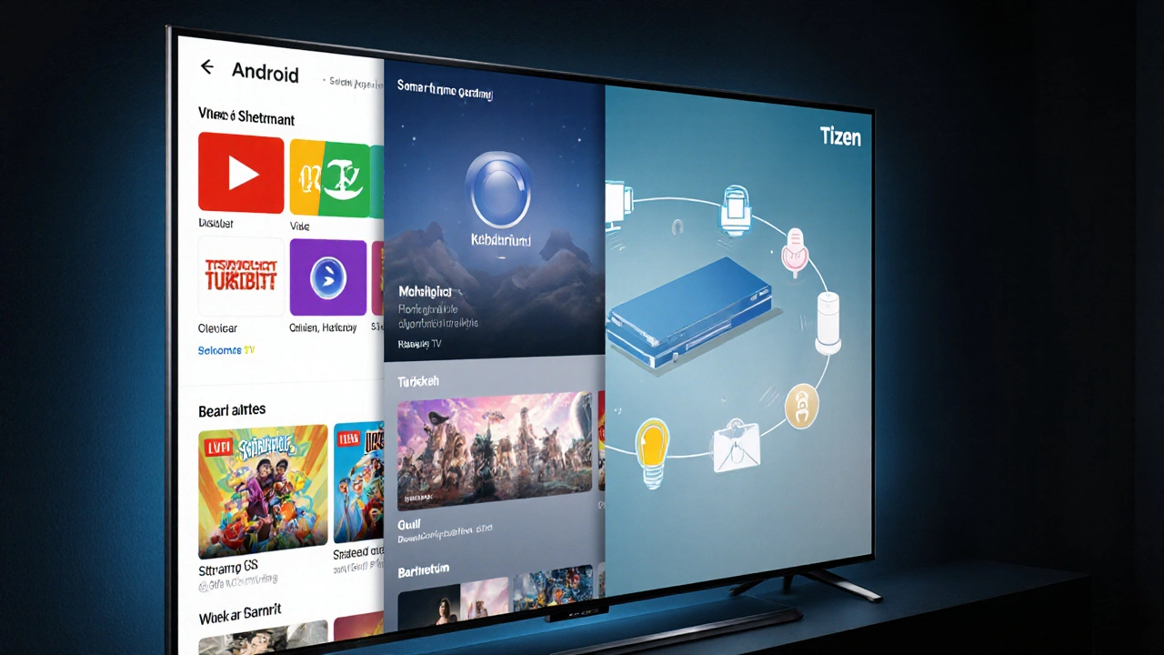 Akıllı platformları Android TV ve Tizen arayüzleriyle bir TV ekranı yakın plan.