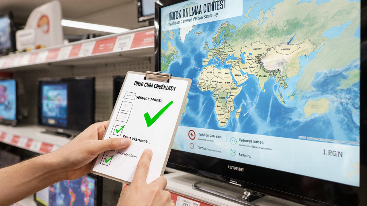 Alıcı, 4K, 120 Hz ve 2 yıl garanti olan TV'yi seçerken kontrol listesine bakıyor.