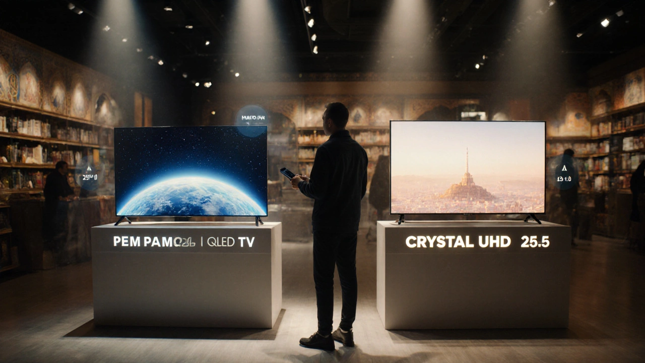 Alışverişte QLED ve Crystal UHD TV'leri arasında karar veren bir kişi.