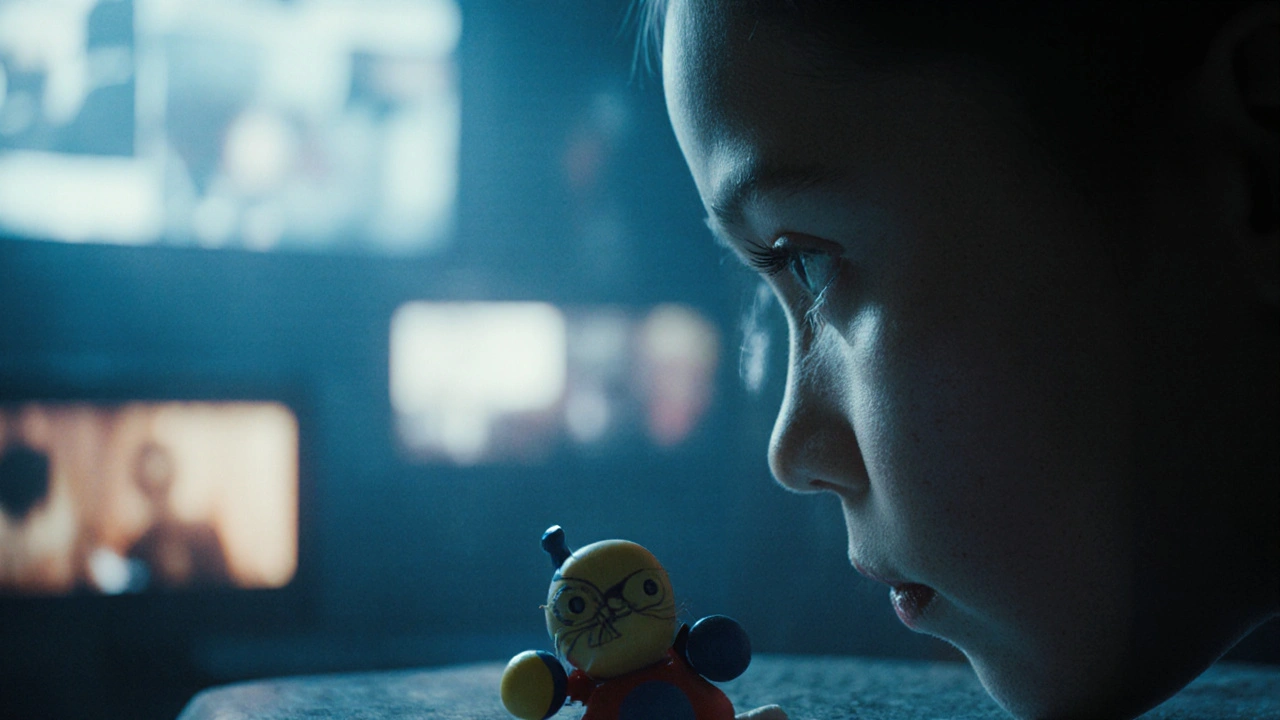 Bir androidin gözünden düşen bir gözyaşı ve yanında bir çocuk oyuncuğu.