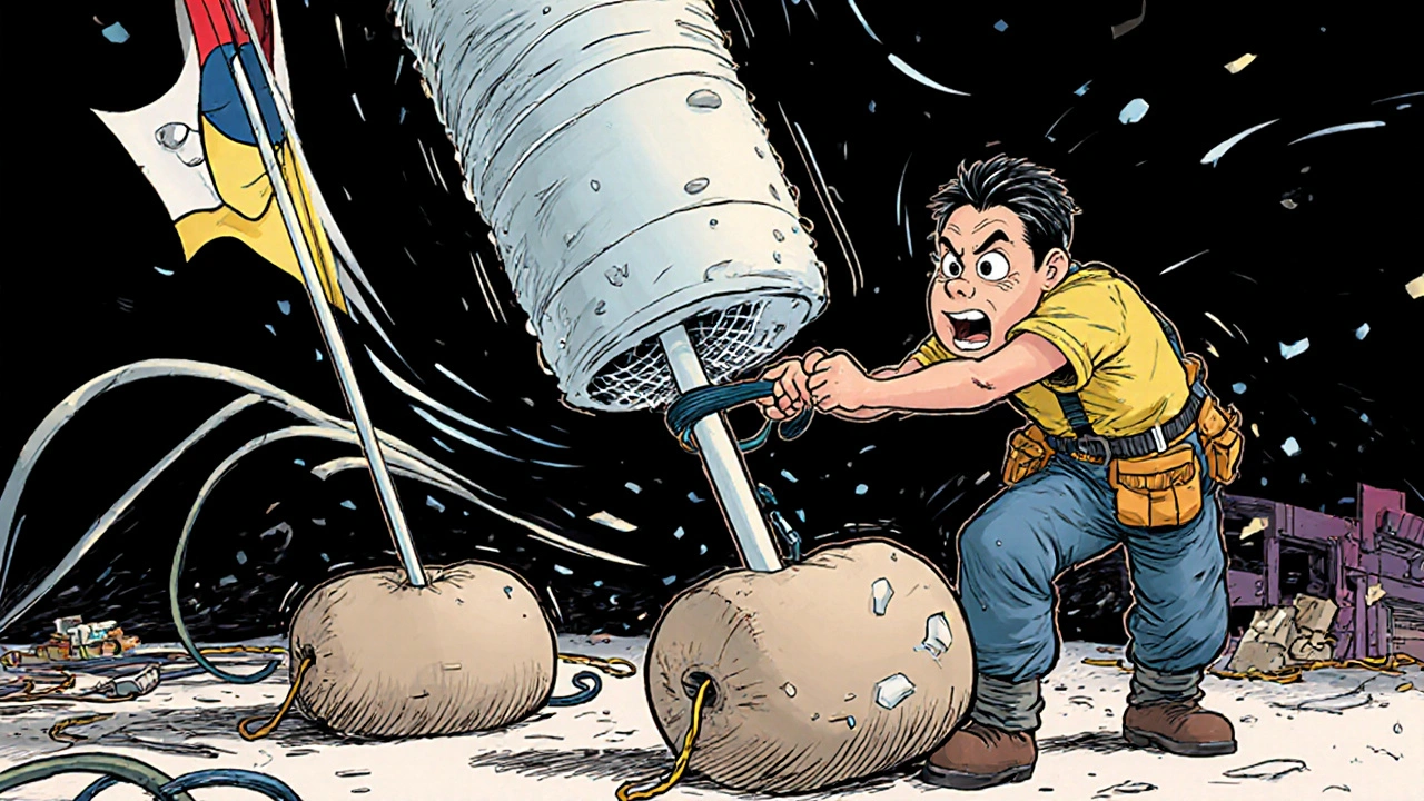 Bir C-stand, üç aksesuarla birlikte ve iki sandbag ile sabitlenmiş, rüzgârda dengede duruyor.