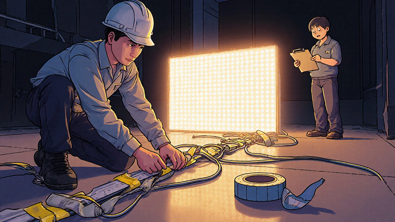 Bir elektrikçi, kabloları zemine gaffer bandıyla sabitliyor ve voltaj ölçümlerini kontrol ediyor.