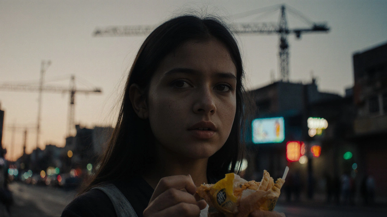 Bir genç kız, São Paulo'da bir favelada akşamüstü yemek satıyor, arka planda inşaat kranları var.