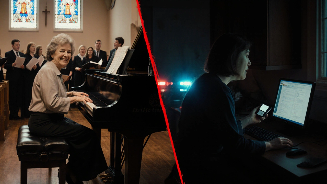 Bir kadın kilisede piyano çalarken ve aynı anda bir floppy disk ile şokta.