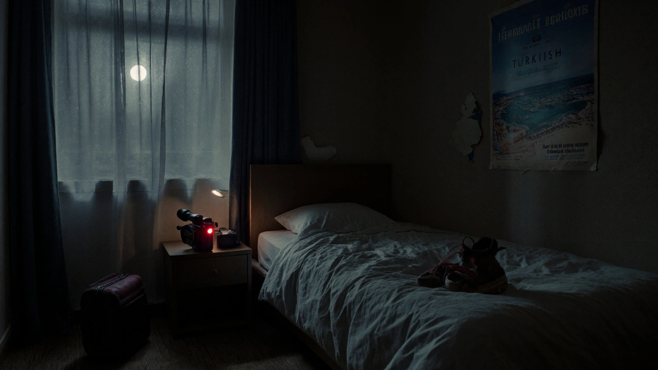 Bir otel odasında, gece vakti bir kameraların kırmızı kaydetme ışığı yanıyor.