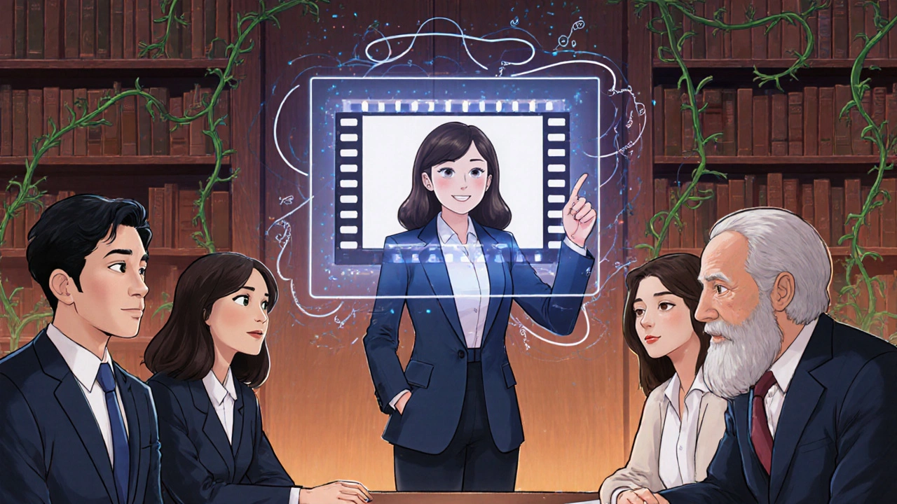 Bir panelde bir yönetmen yapay zeka ve sinema üzerine konuşuyor, izleyiciler ilgiyle dinliyor.