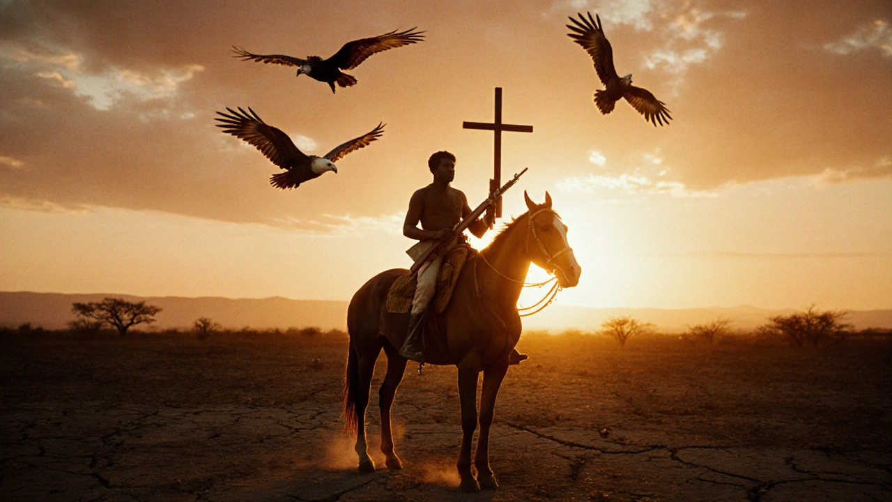 Brezilya'nın kuraklık bölgesinde, bir çiftçi savaşçı, güneşin batışında at üstünde, kuşlar dönerken.