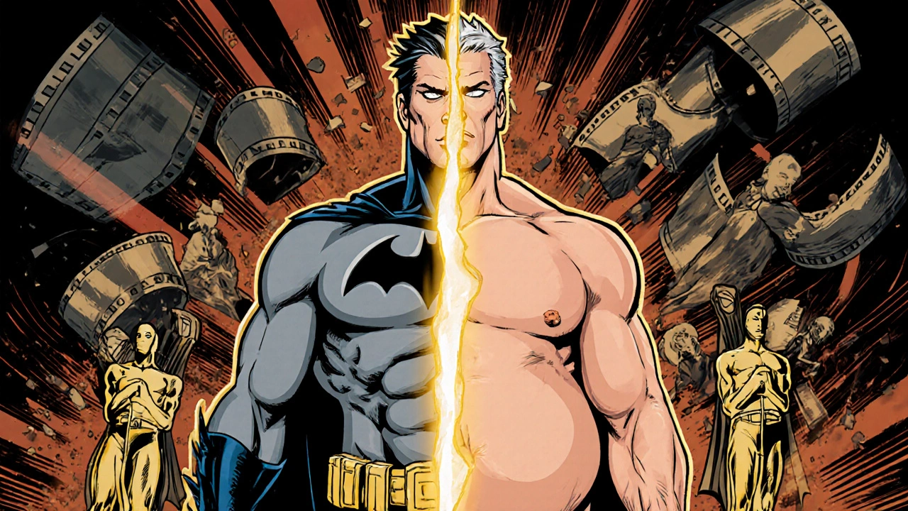 Christian Bale'nin bir tarafı Batman, diğer tarafı Dick Cheney olarak dönüşümü, arka planda film rulo ve Oscar madalyaları.