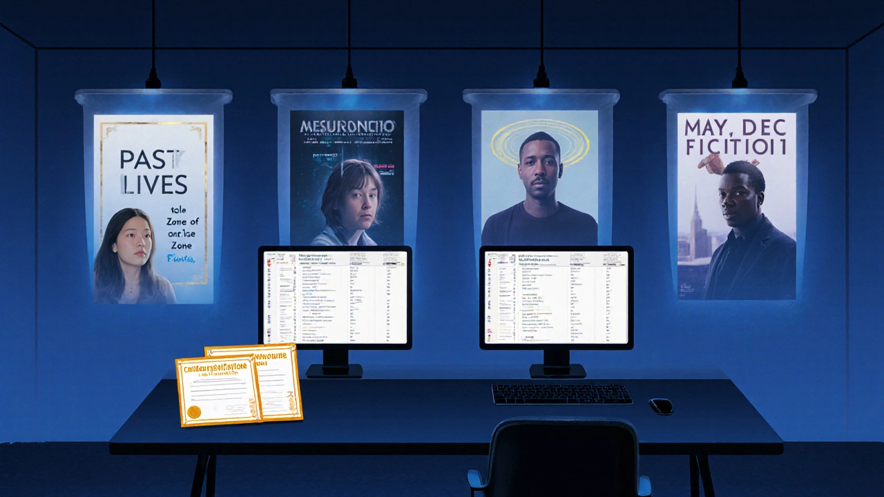 Critics in Los Angeles ranking films on digital screens, with scholarship certificates on the table.