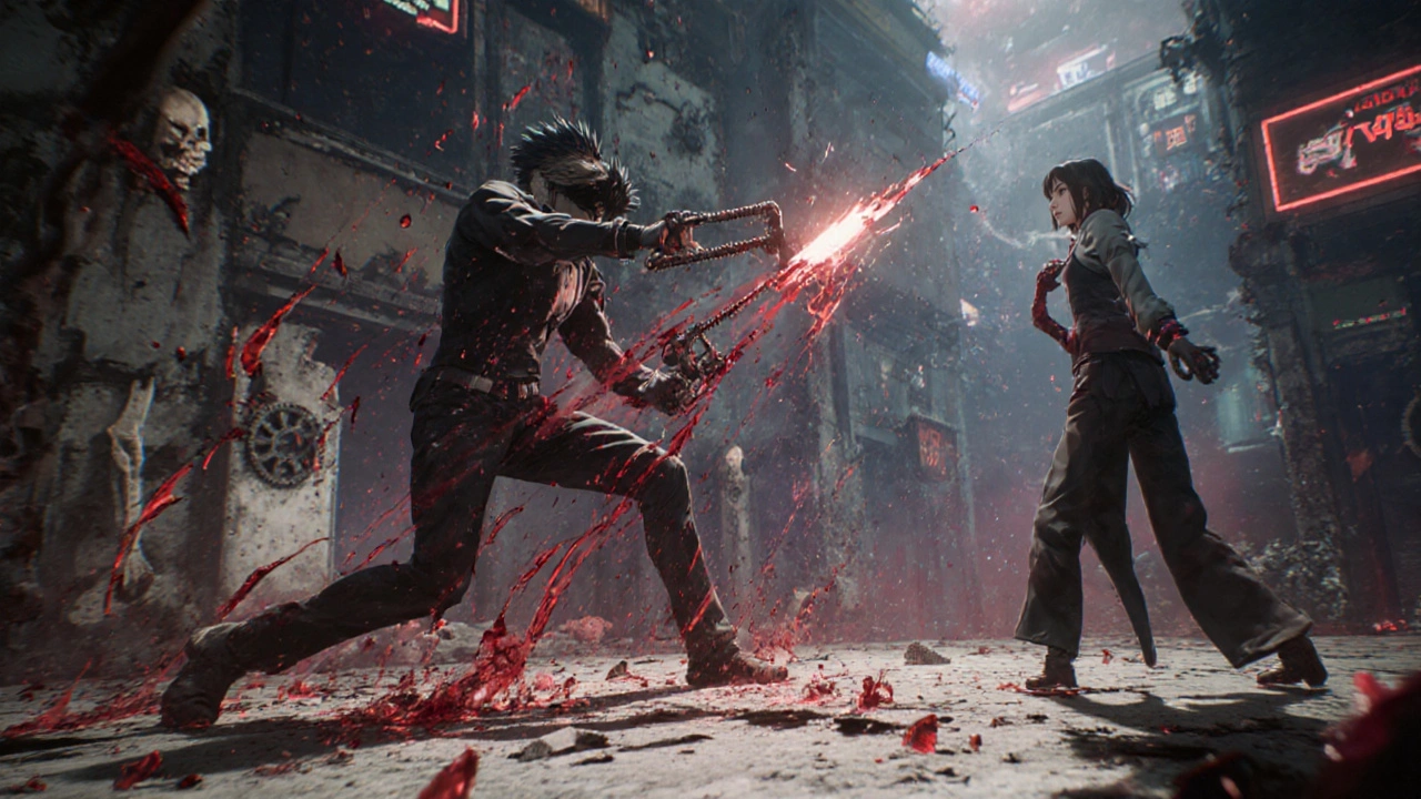 Denji'nin zincirli bıçakları kanlı bir savaşta havada savruluyor, kan damlaları durmuş gibi.