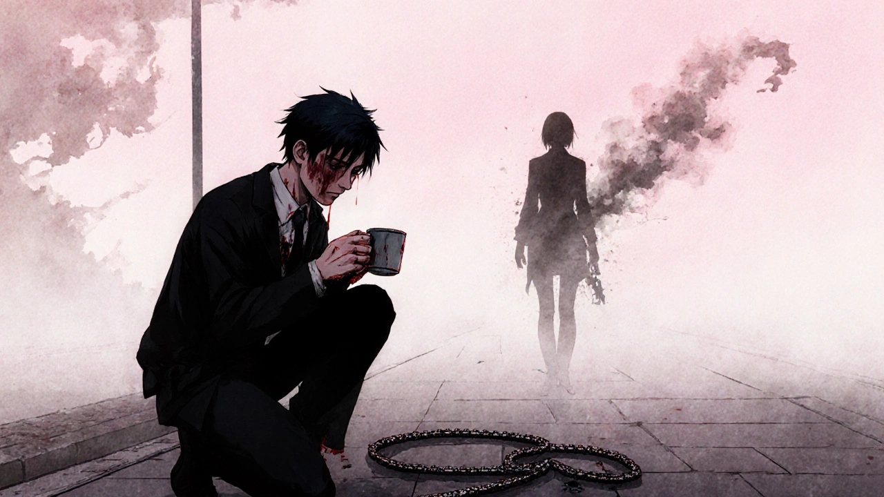 Denji, kırık bir kahve fincanını tutarken yalnızca bir sokakta oturuyor, arka planda Reze'nin silueti kayboluyor.