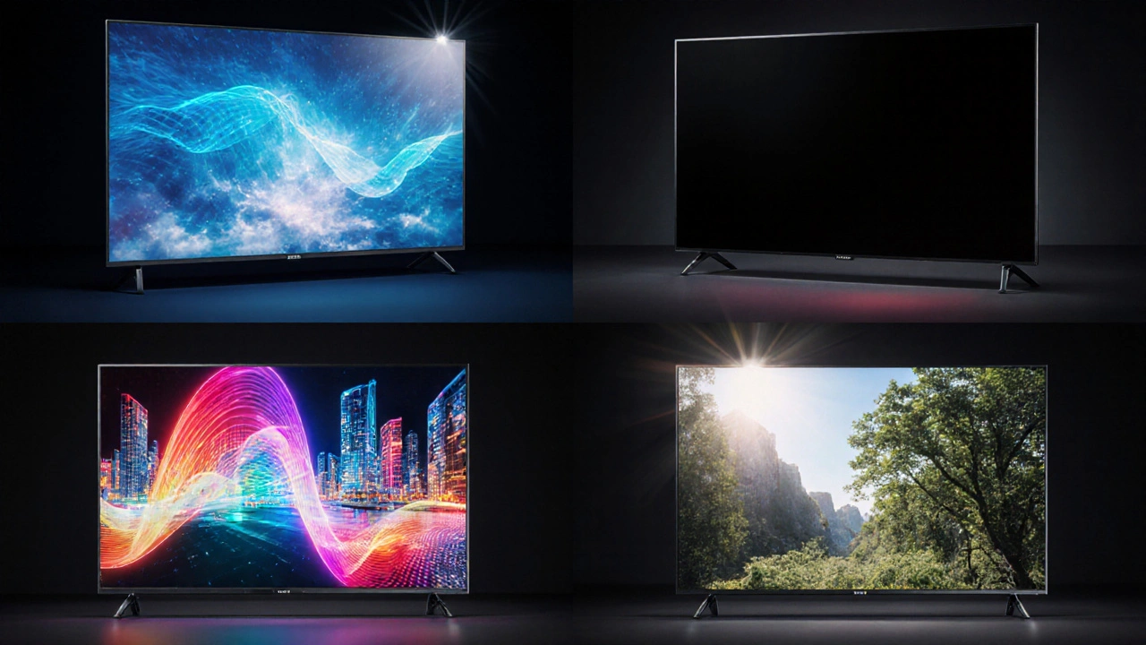 Dört bölmede LED, OLED, QLED ve Mini‑LED ekran görselleri.