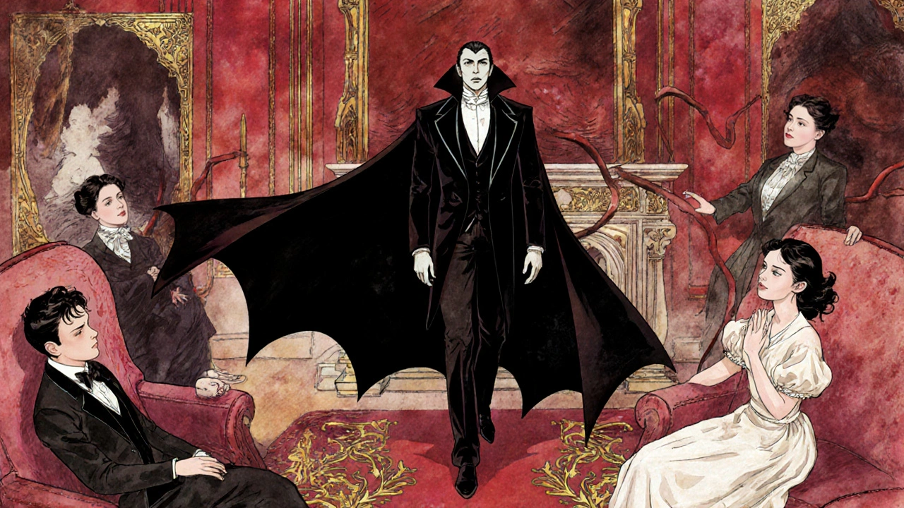Dracula in Victorian setting, shadows wrapping women, crimson and gold tones.