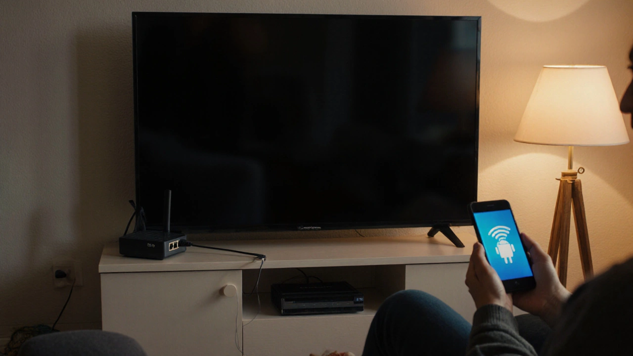 Ek set‑top‑box ve Ethernet kablosu ile bütçe LED TV kullanan bir kişi.