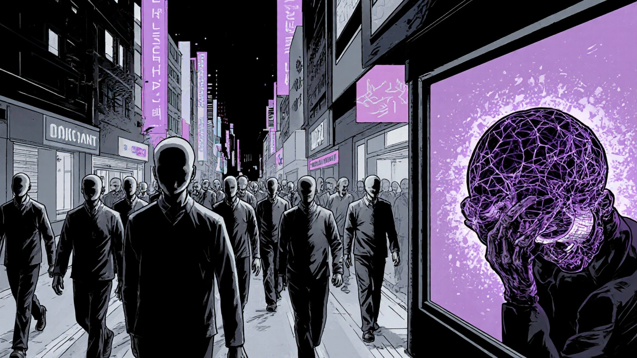 Faceless zombies walking in sync, one person seeing algorithm in mirror.