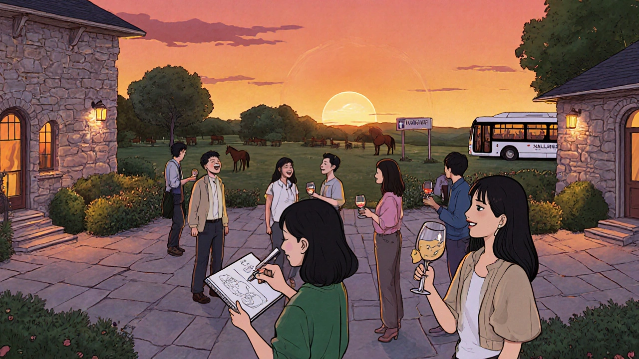 Festival sonrası bahçede izleyiciler şarap içiyor, sohbet ediyor ve yerel peynir paylaşıyor.