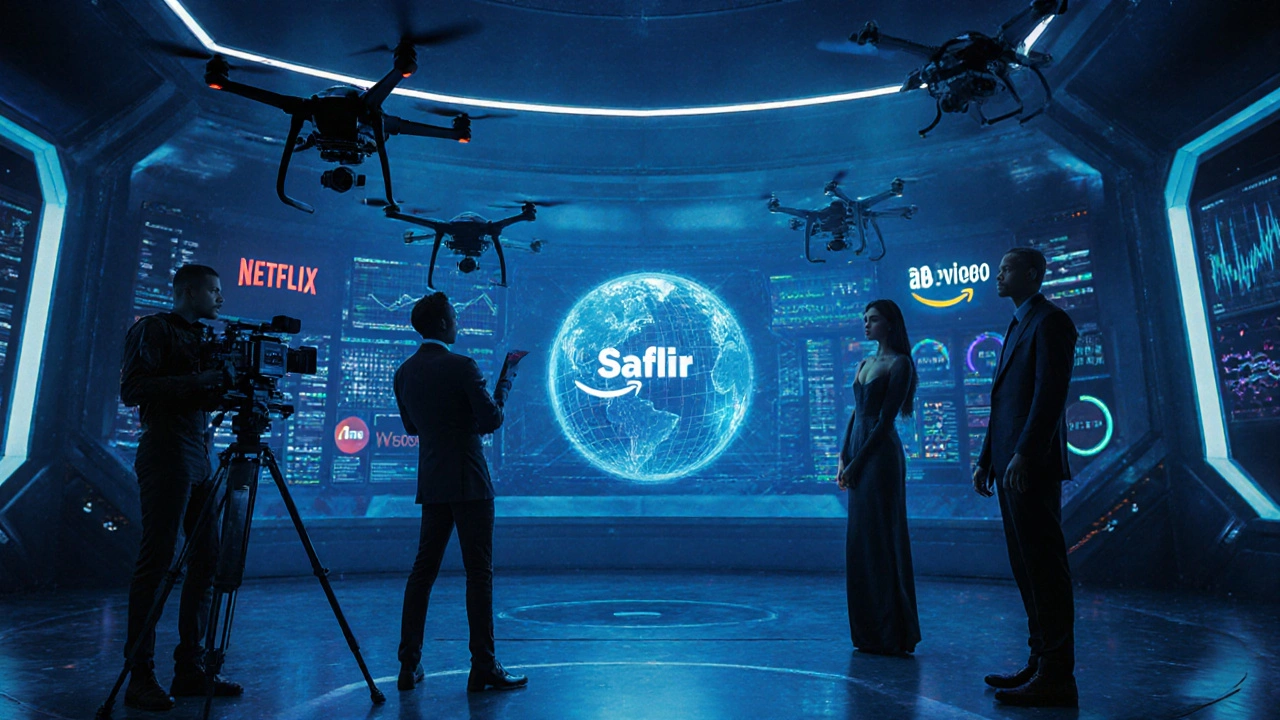 Geleceğin stüdyosu, hologram veri ekranları ve mini dizi oyuncularıyla.
