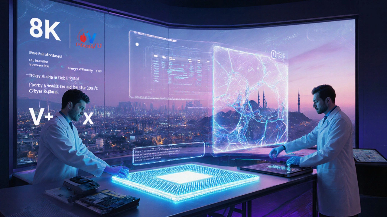 Gelecek vizyonunda bir laboratuvar, hologramlar ve mikroLED panel tasarımı gösteriliyor.