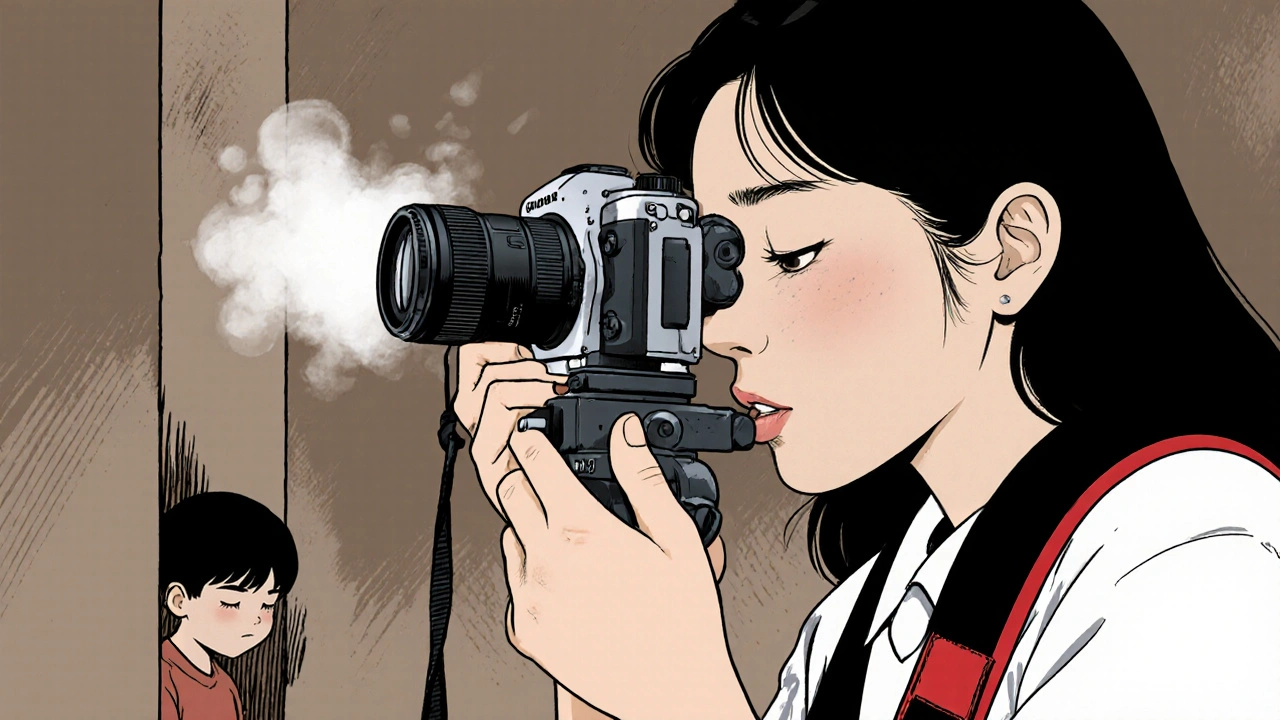 Genç bir kadın, kamerayı sıkıca tutarken gözlerinde bir gözyaşı, çocukları gizlenirken çekiyor.