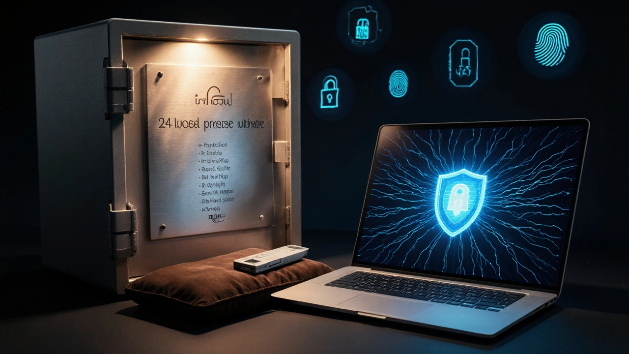 Güvenli bir kasada metal plakalı seed phrase, yanındaki YubiKey ve VPN korumalı laptop.