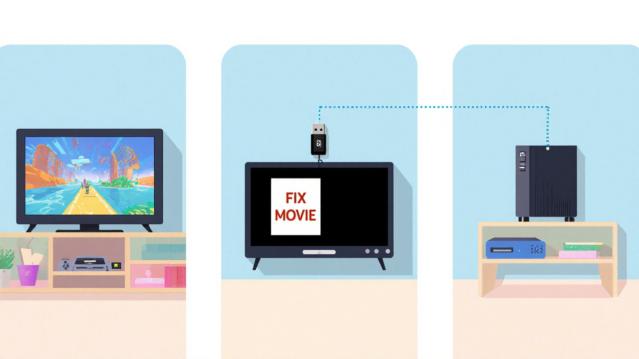 HDMI, USB ve DLNA bağlantılarını gösteren üç bölmeli illüstrasyon.