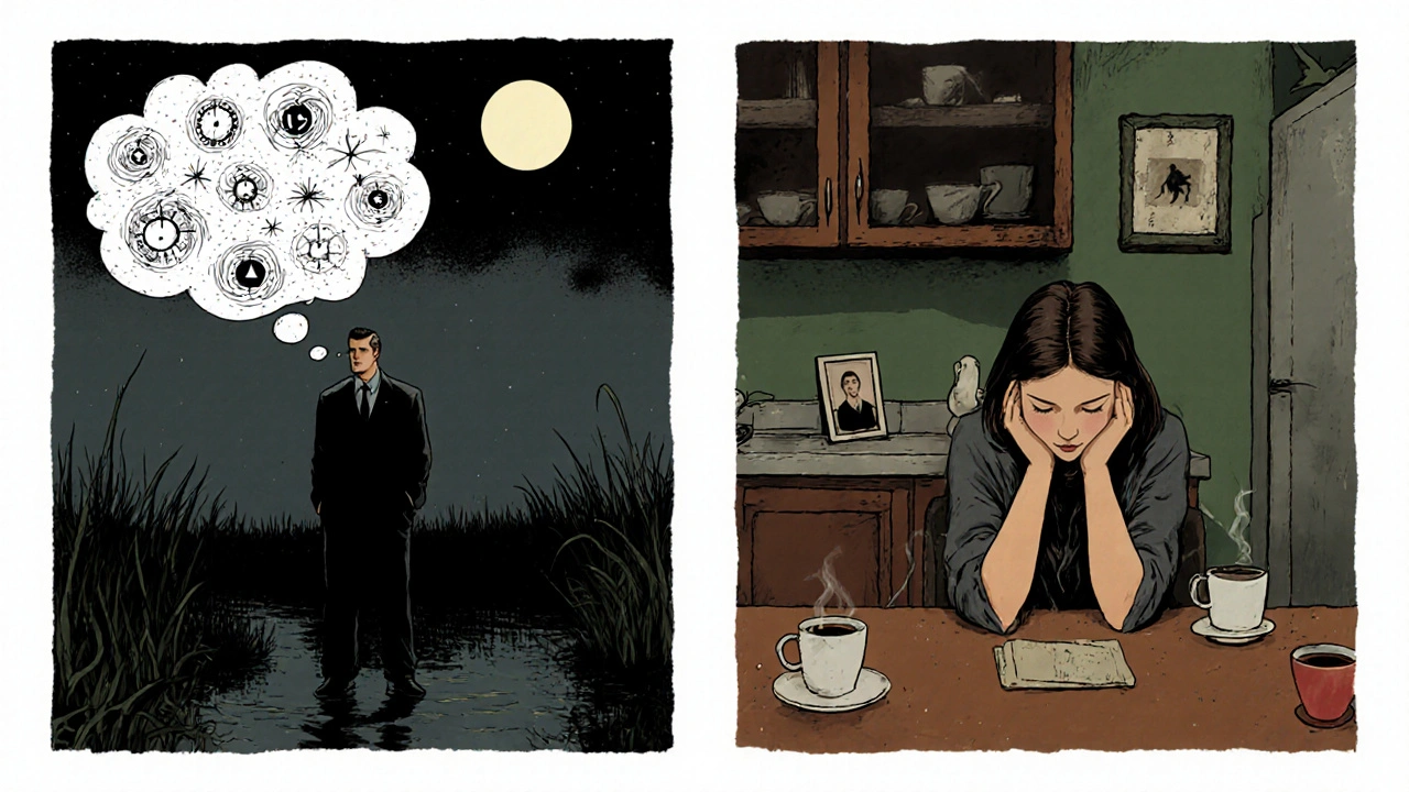 İki farklı detaylı sahne: bir dedektif karanlık bir ormanda felsefi monolog söylüyor, diğer bir kadın evde sessizce oturuyor.