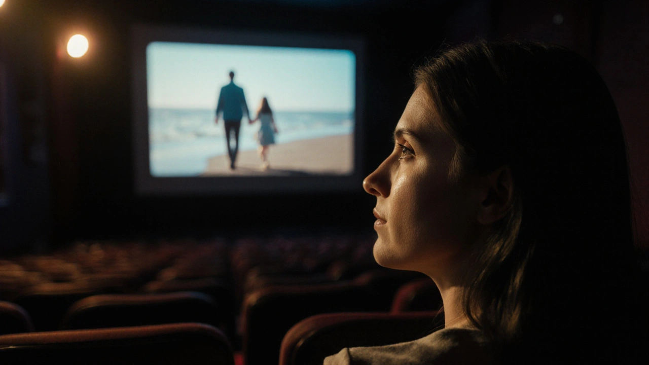 Karanlık bir sinemada, bir kadın ekranın yansımasıyla gözlerinde yaşlarla oturuyor.