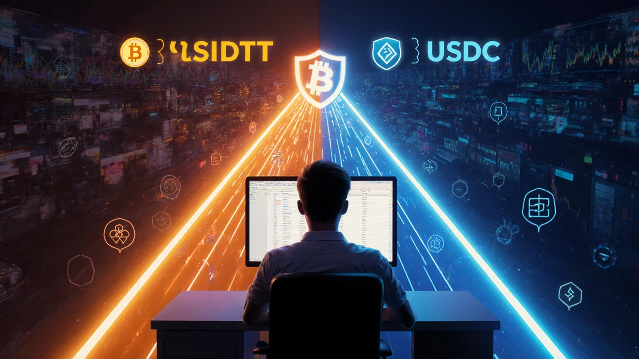 Kullanıcı iki ışıklı yol arasından seçim yapıyor: likidite için USDT yolu, düzenleme için USDC yolu.