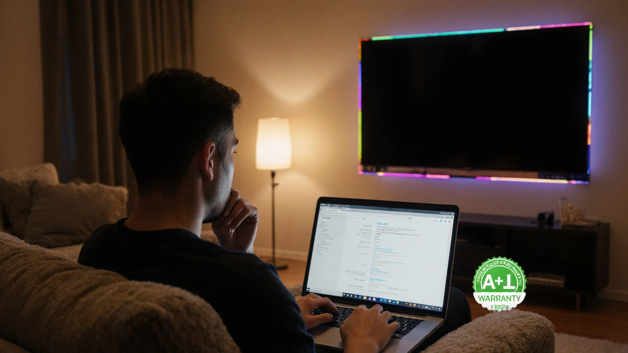 Kullanıcı laptopta TV özelliklerini incelerken, arka planda LED ve OLED TV yan yana.