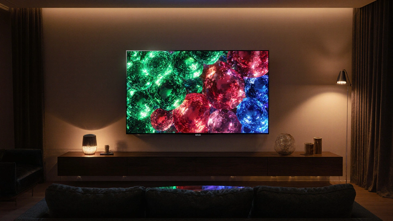 LG OLED TV, renkli görüntüsüyle modern oturma odasında gösteriliyor.