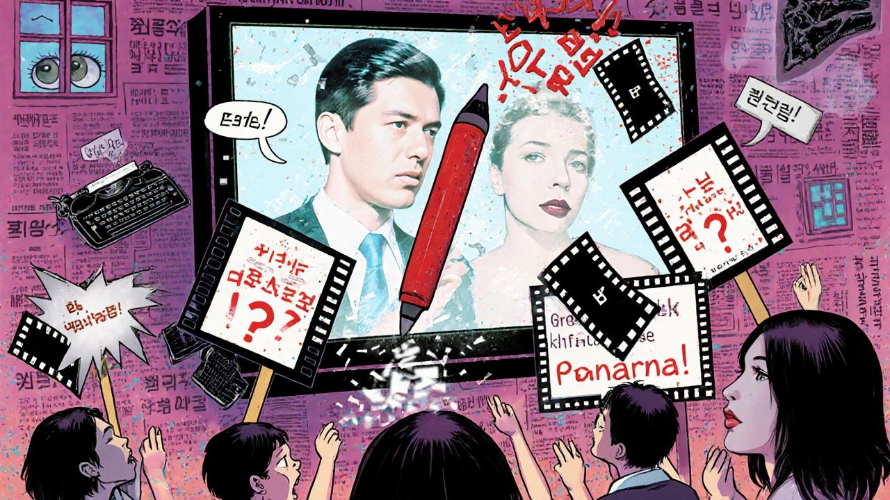 Mahasiswa memprotes dengan spanduk film, di belakangnya layar TV menampilkan wajah-wajah bertanda tanya.