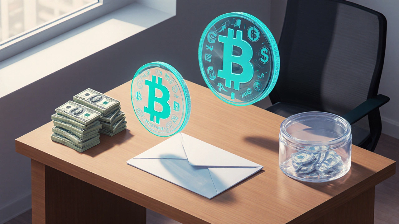 Masa üzerinde nakit, ABD hazine bonosu ve iki tokenin hologramı, şeffaflık teması.