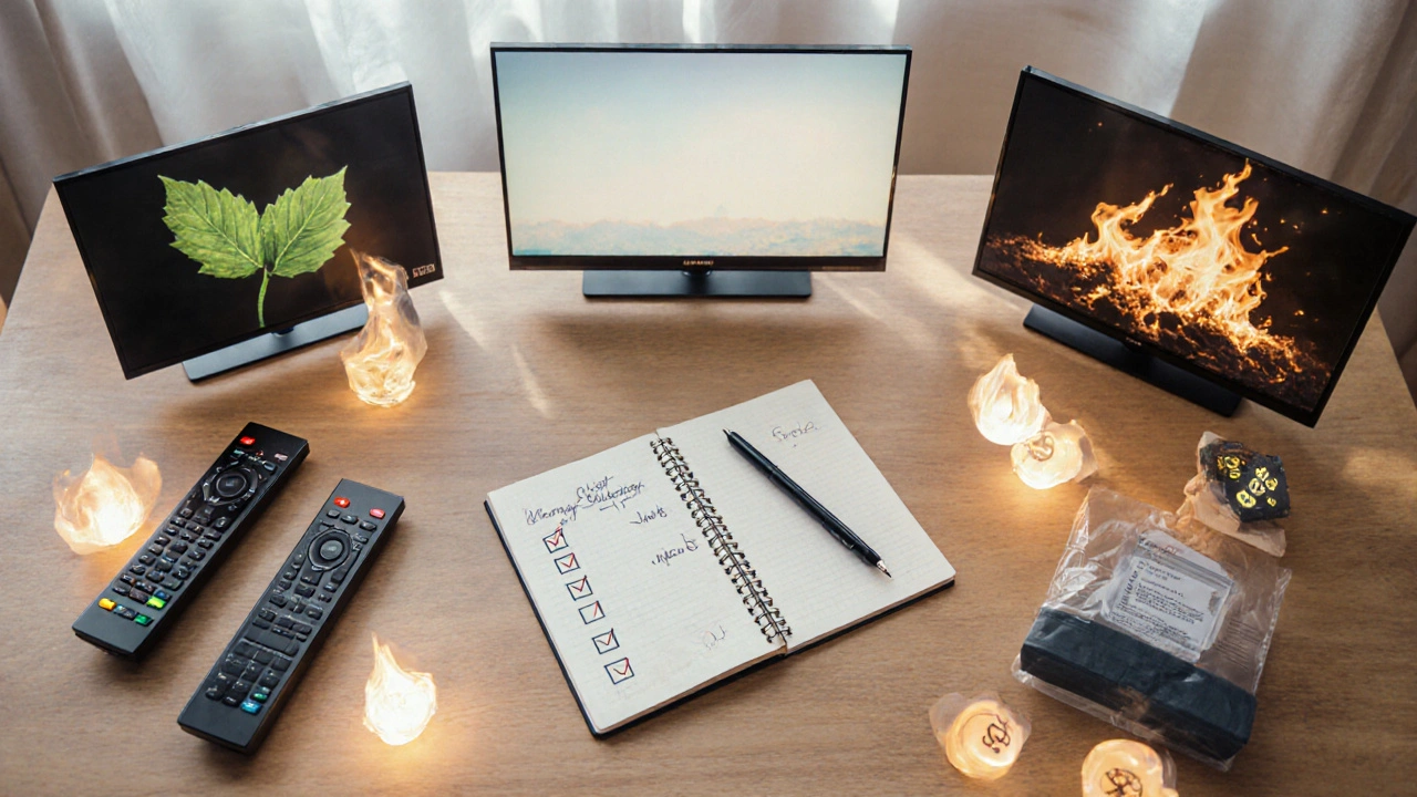 Masada uzaktan kumanda, kalem ve mini TV modelleriyle bütçe TV alışverişi sahnesi.