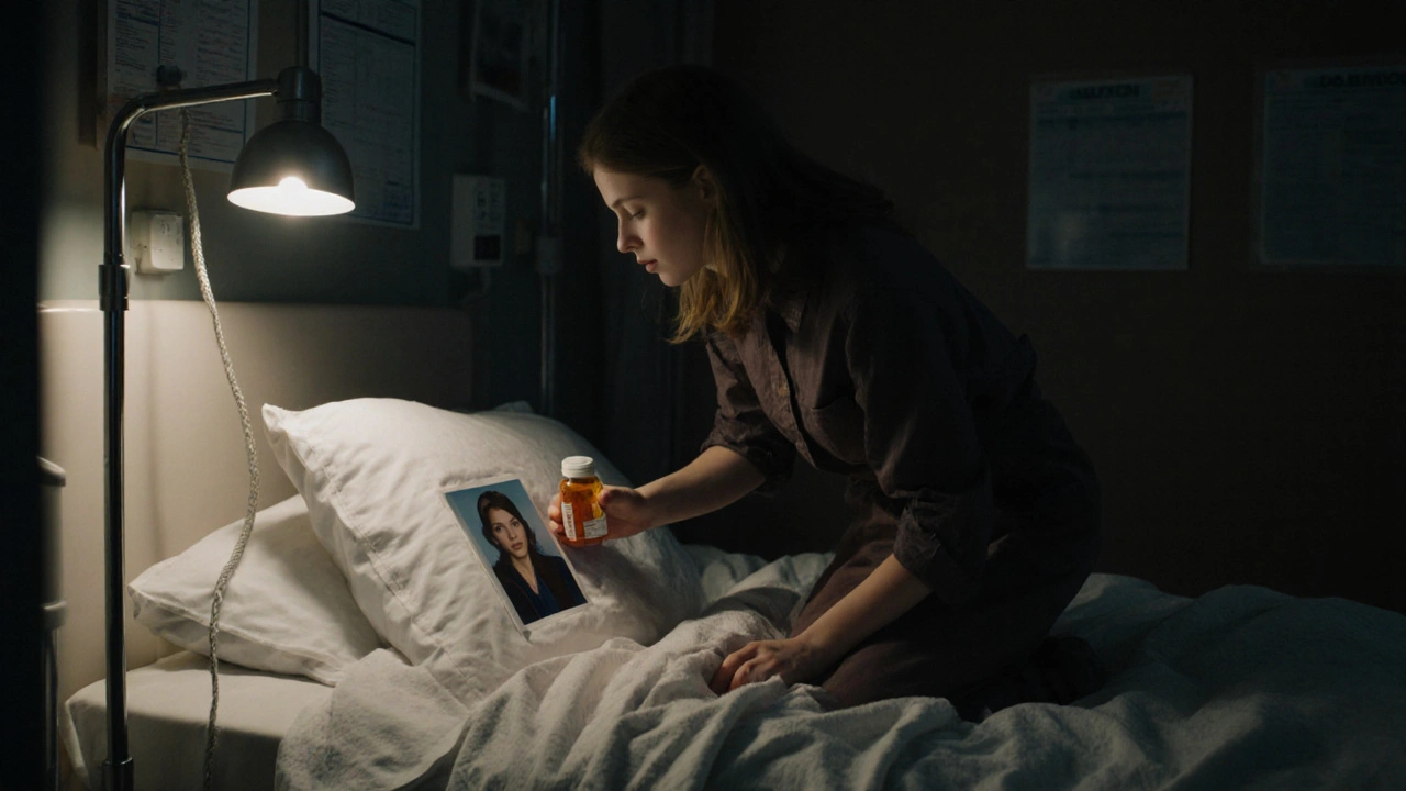 Mckenna Grace, annesinin fotoğrafına dokunurken bir yatağın yanında diz çökmüş, elinde bir ilacı tutuyor.