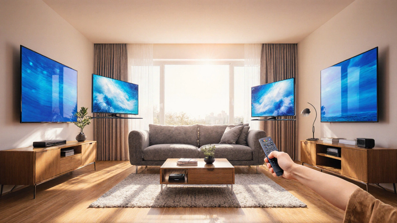 Modern bir oturma odasında beş farklı yerli TV modeli duvarlarda yer alıyor.