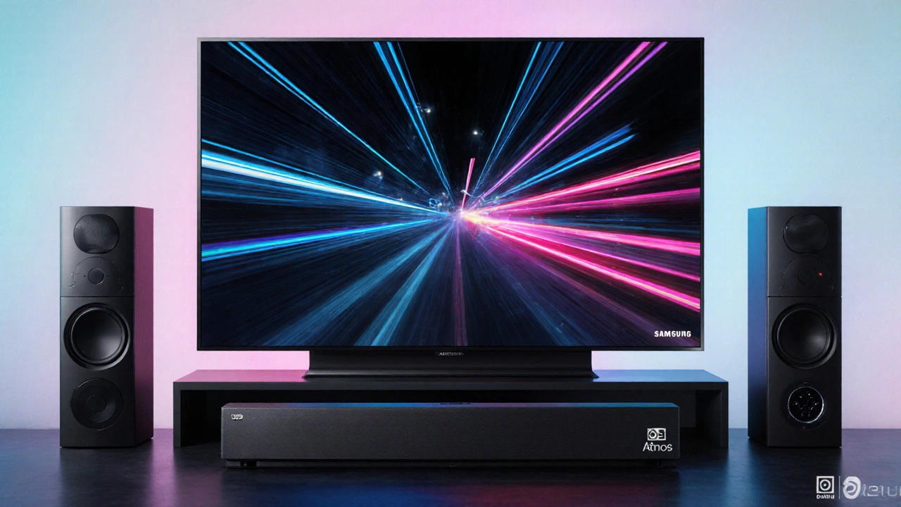 Q N85A TV, neon ışıklı oyun sahnesiyle oyun ortamı.
