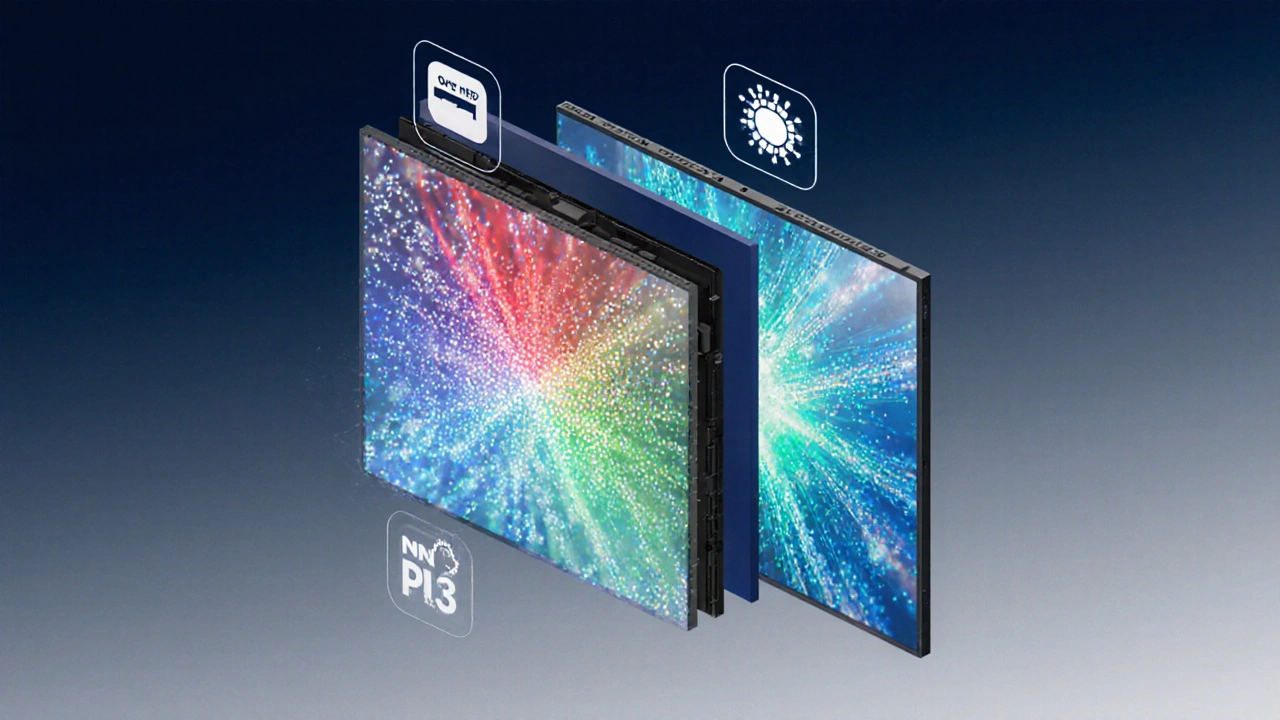 QLED'in kuantum noktaları ve Crystal UHD'nin nano hücre yapısı yan yana illüstre edilmiş.