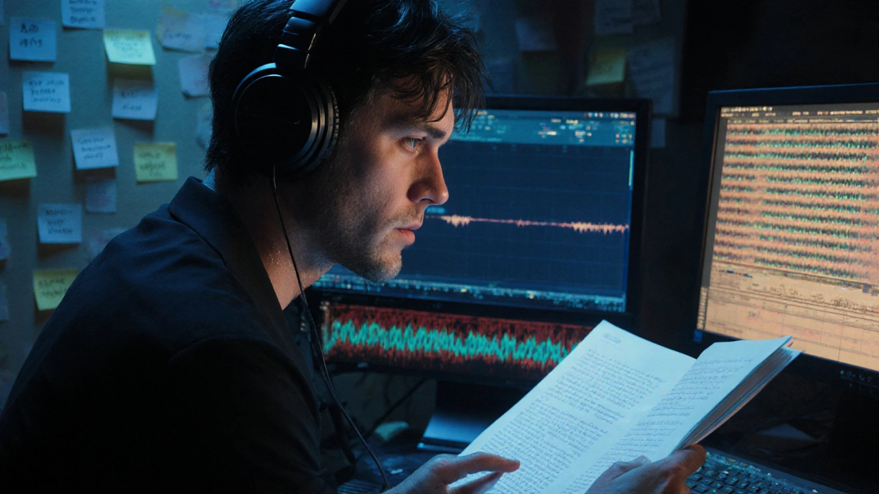 Seslendirme sanatçısı Japonca senaryoyu çalışarak Jujutsu Kaisen sahnesini kaydediyor.