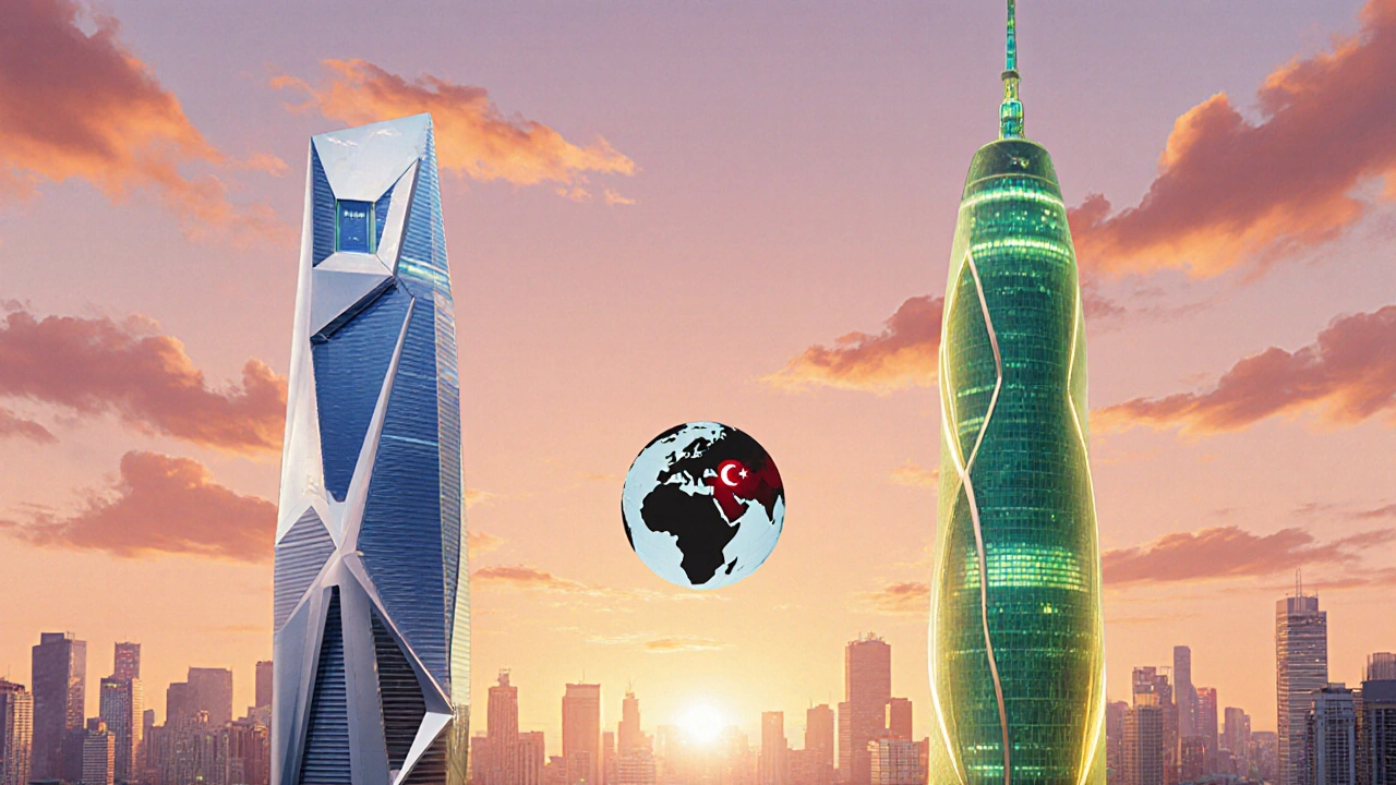 Seul siluetinde iki ayrı gökdelen, LG ve Samsung’u temsil ediyor.