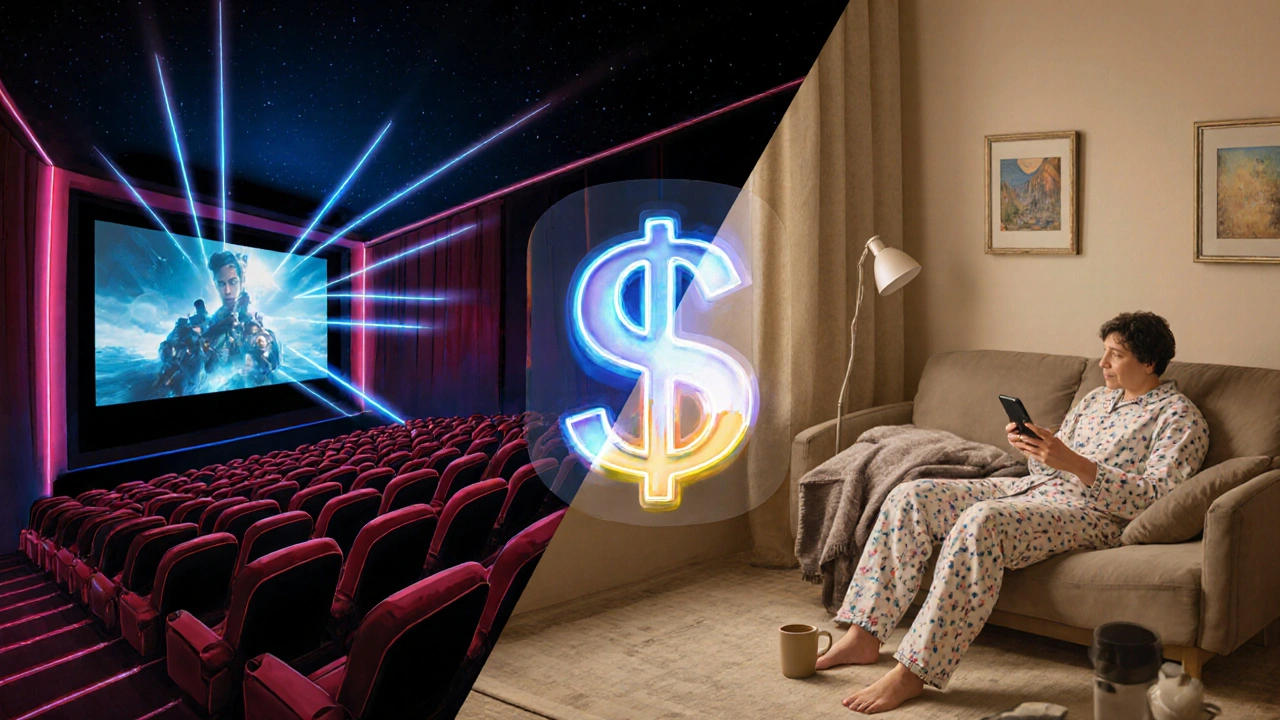 Sol tarafta IMAX sineması, sağ tarafta evde streaming izleyen bir kişi.