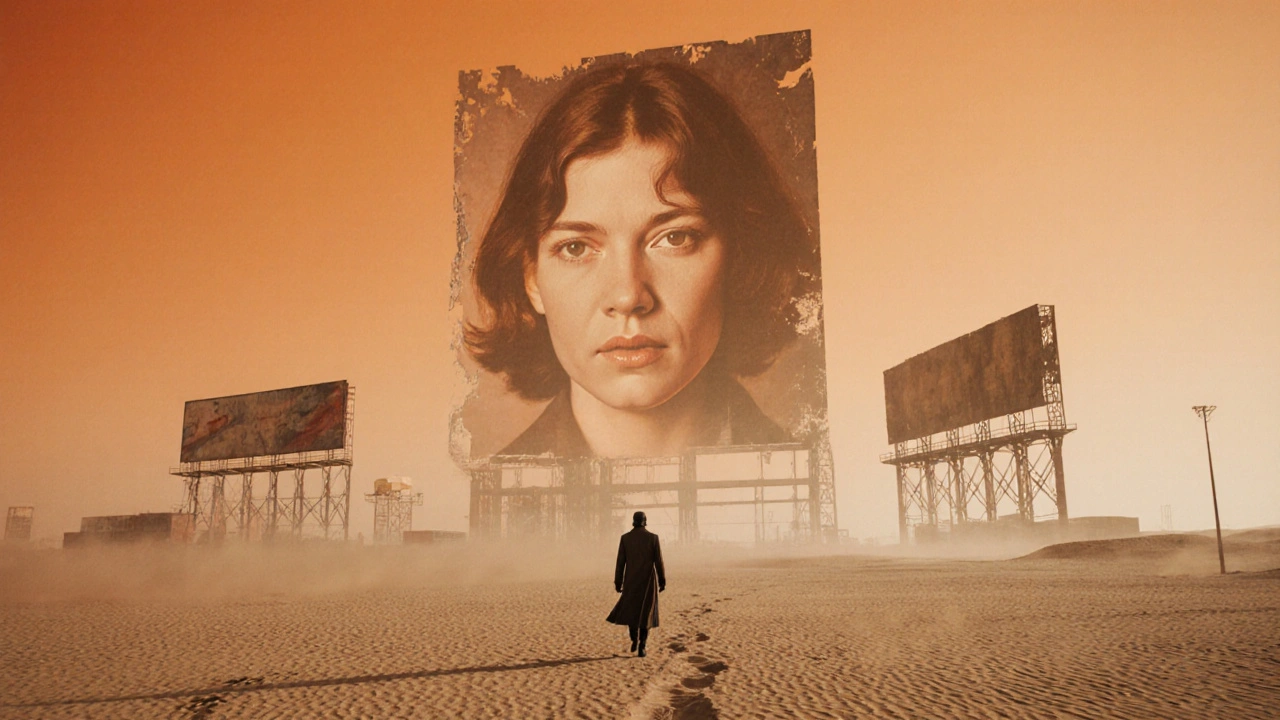 Sonsuz bir çölde tek başına yürüyen bir figür, gökyüzünde büyük bir hologramla.