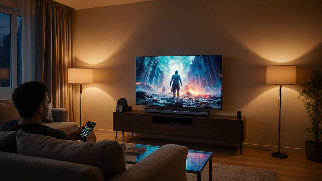 Türk evinde HDR film izleyen kişi ve Mini‑LED TV.