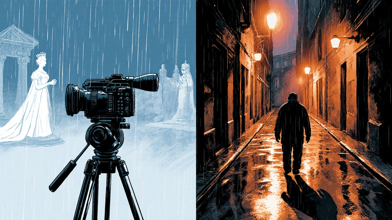 Üç ayaklı kamera ile krallık töreni karşılaştırılıyor; elde tutulan kamera ise yağmurda yürüyen birini kaydediyor.