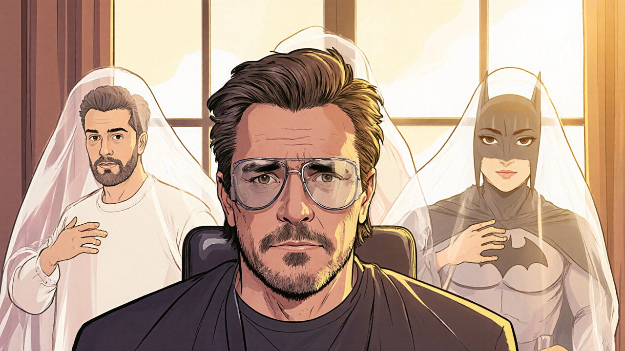 Yaşlanmış Christian Bale, prostetik makyajla, geçmişteki karakterlerinin ruhları arkasında görünüyor.