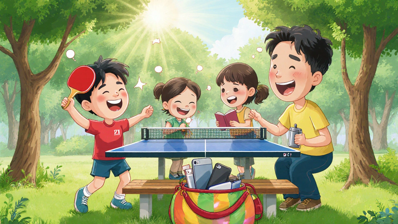 Bir aile hafta sonu parkta ekransız oyun oynuyor.