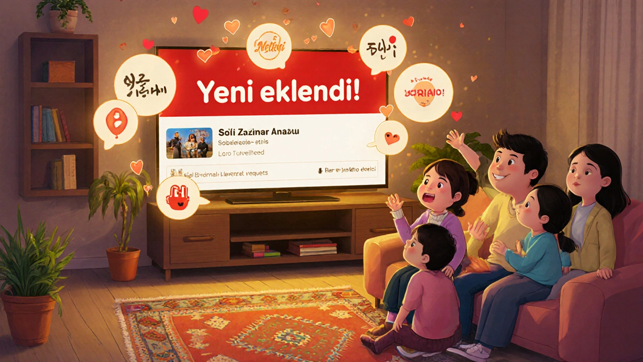 Bir aile, istedikleri dizileri Netflix&#039;te izliyor, ekranda &#039;Yeni Eklendi!&#039; yazısı ve geçmiş isteklerinin ikonları görünüyor.
