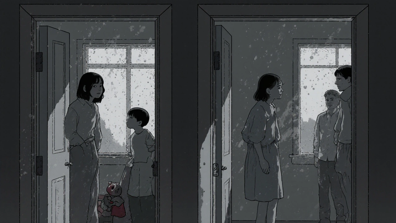 Bir aile, nemli bir evde sessizce birbirinden uzaklaşmış şekilde bulunuyor.