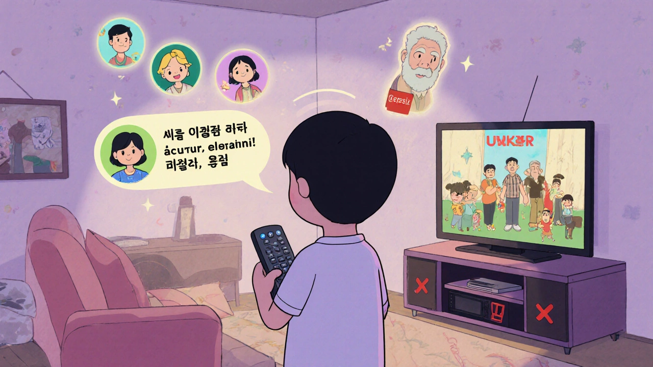 Bir çocuk, Alexa ile &#039;Çukur&#039; dizisini sesli olarak açıyor, aile profilleri ekran etrafında yüzmektedir.