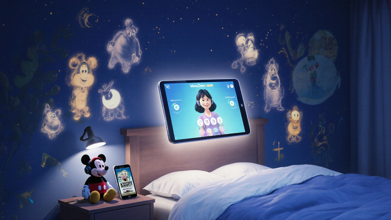 Bir çocuk odasında Disney+ Kids Modu ile uykuya dalıyor, animasyon karakterleri etrafında yüzmektedir.